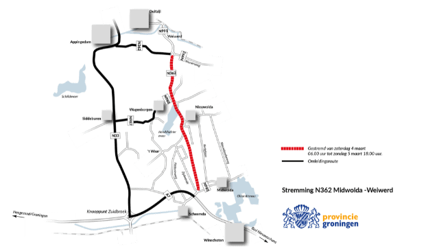 Kaartje met daarop de af te sluiten weg en de omleidingsroute